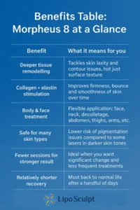 How Often Can I have Morpheus 8? 3 Table showing the benefits of Morpheus 8 treatment from Lipo Sculpt Beaumont Leys